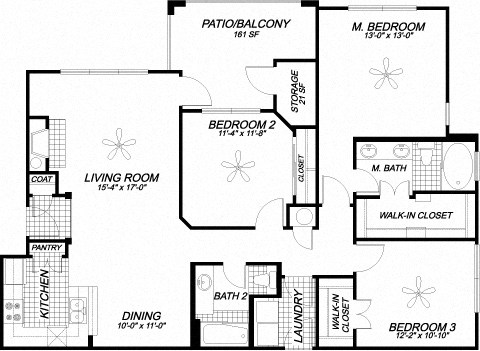 Floor plan for 3 beds, 2 baths, 1362 sqft